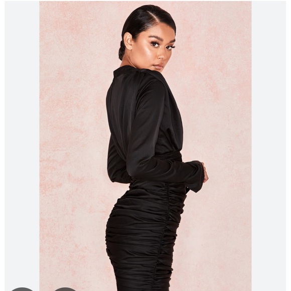 House of CB Giorgiana Ruched High Neck Black Satin Dress SZ S New without tags - Picture 4 of 11